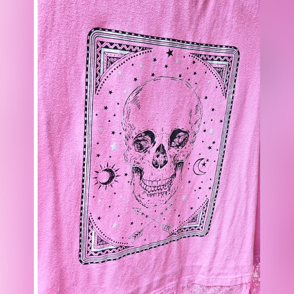 No Boundaries Pink Skull Graphic Women's Tank Top with Lace - Picture 3 of 4
